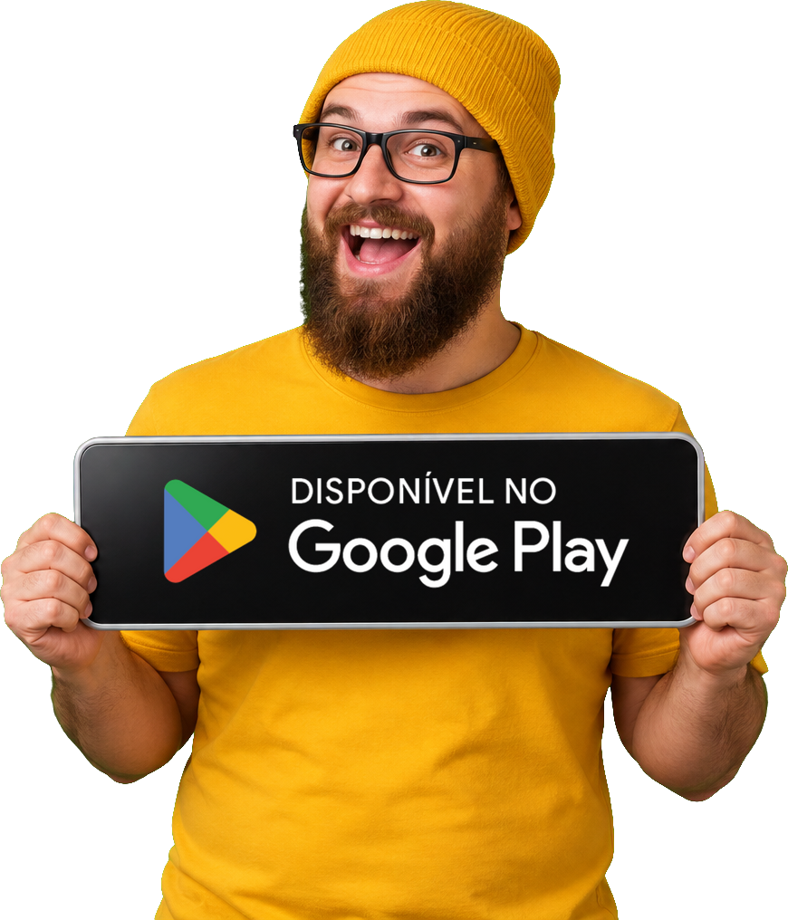 Homem sorridente segurando uma placa com Disponível no Google Play